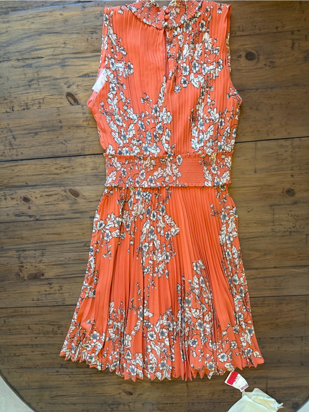 Nanette Leopore Floral Pleated Coral Women’s Dress with Smocked Waist - Picture 6 of 9